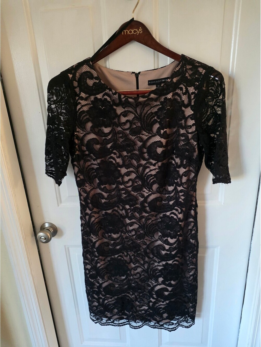 Coctail dress Madison Leigh Women's Black Lace Overlay Nude Sheath Dress Size 12